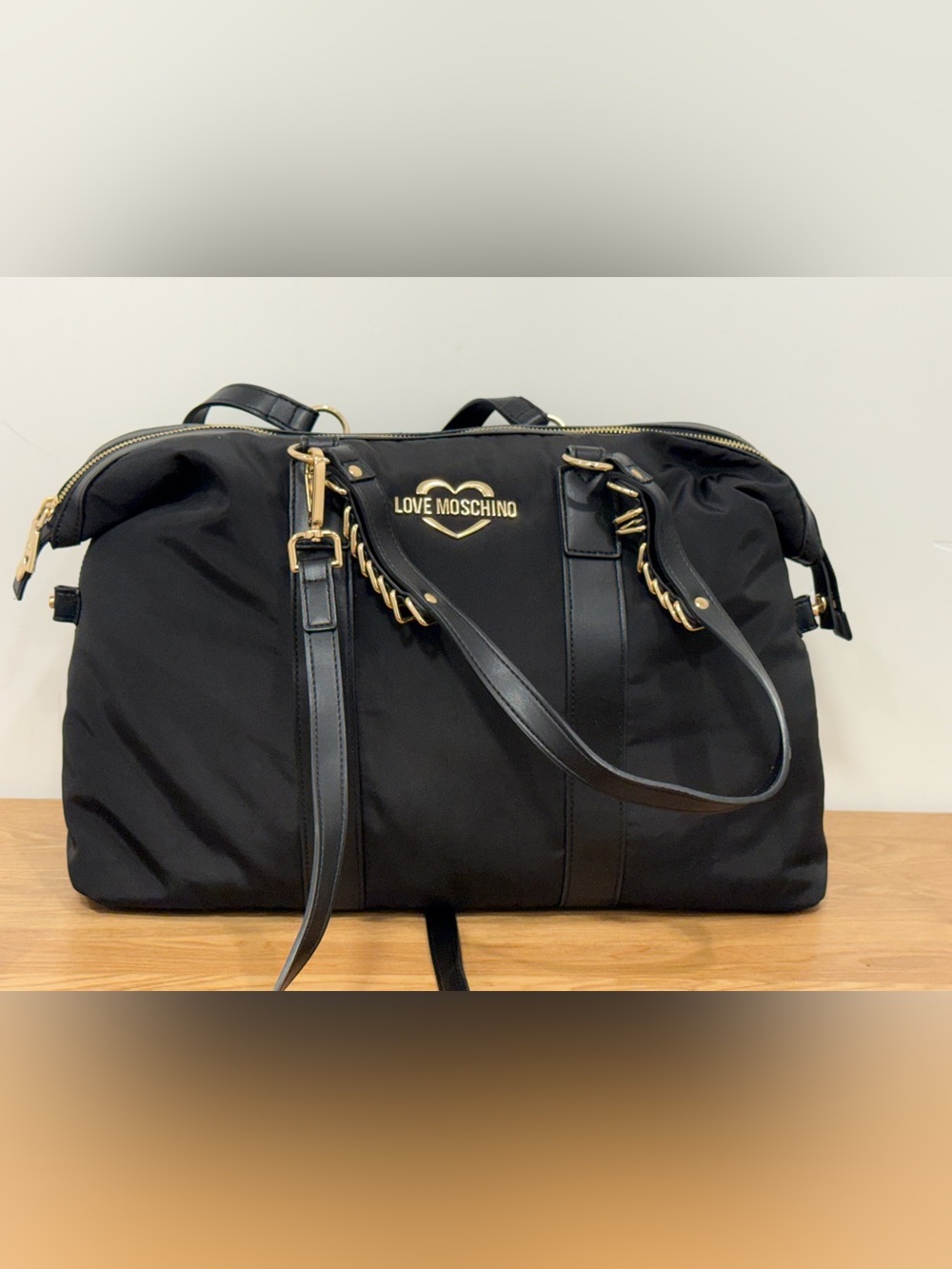 Love Moschino Black Travel Tote with Gold Heart Logo